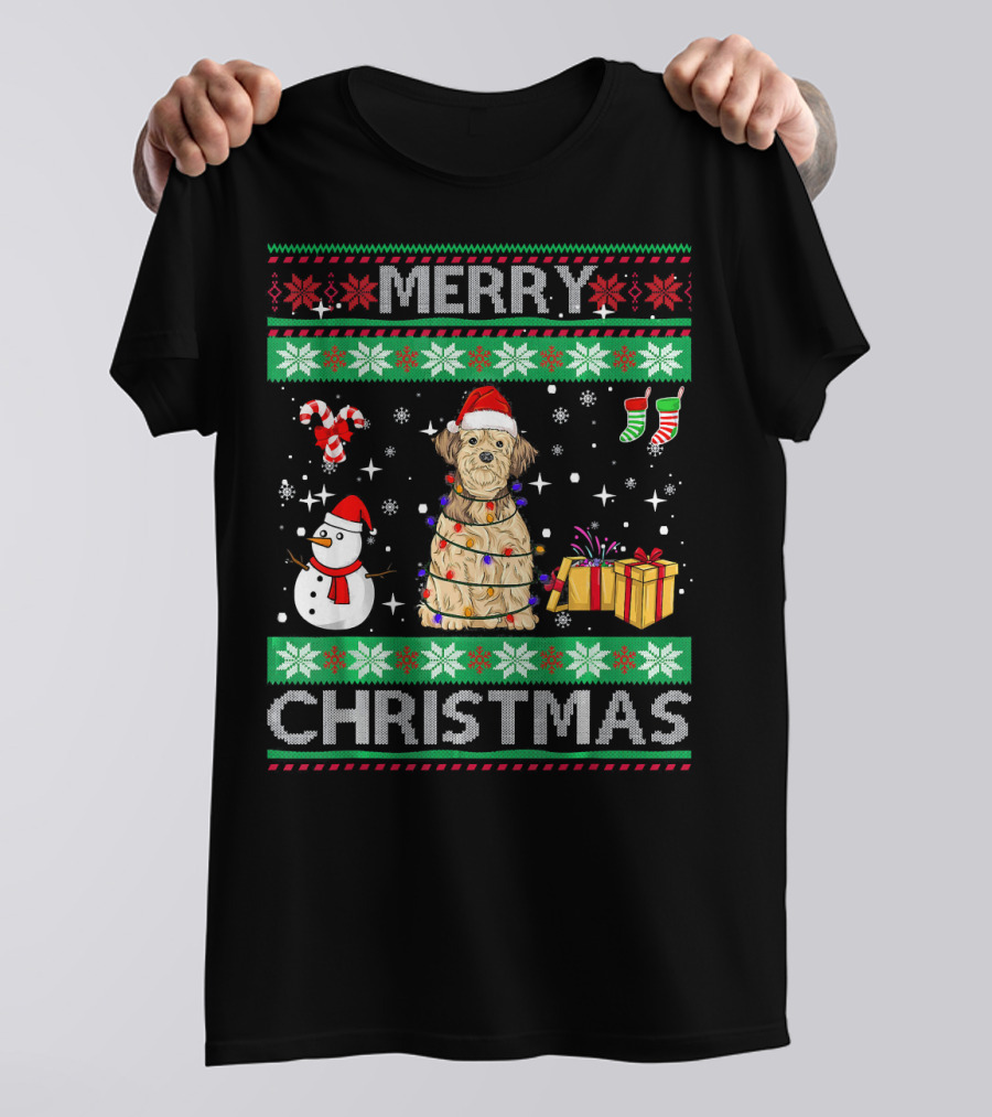 Merry Christmas Lhasa Apso Dog Owner Ugly Christmas Sweater With Santa Hat And Holiday Decorations T-Shirt