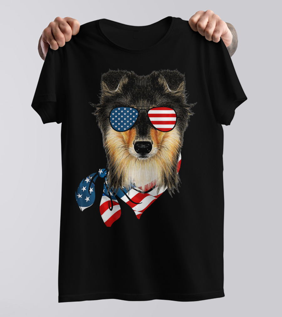Sheltie Dog With American Flag Scarf And Sunglasses Patriotic T-Shirt