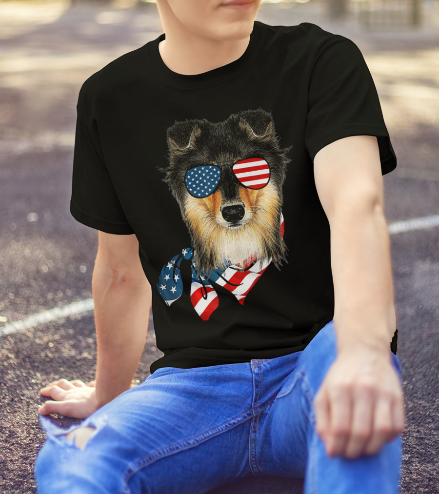 Sheltie Dog With American Flag Scarf And Sunglasses Patriotic T-Shirt