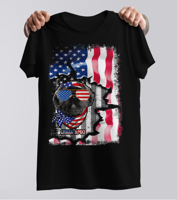 Lhasa Apso Dog American Flag Fun Lover T-Shirt