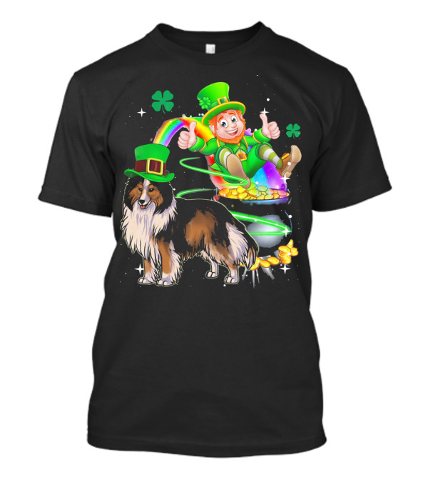 Leprechaun And Shetland Sheepdog With Rainbow And Pot Of Gold T-Shirt