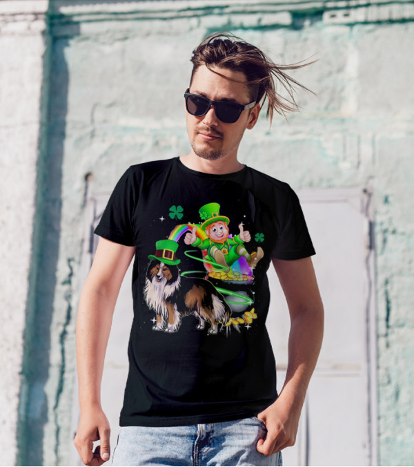 Leprechaun And Shetland Sheepdog With Rainbow And Pot Of Gold T-Shirt