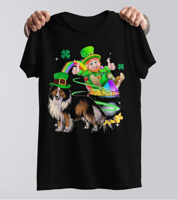 Leprechaun And Shetland Sheepdog With Rainbow And Pot Of Gold T-Shirt