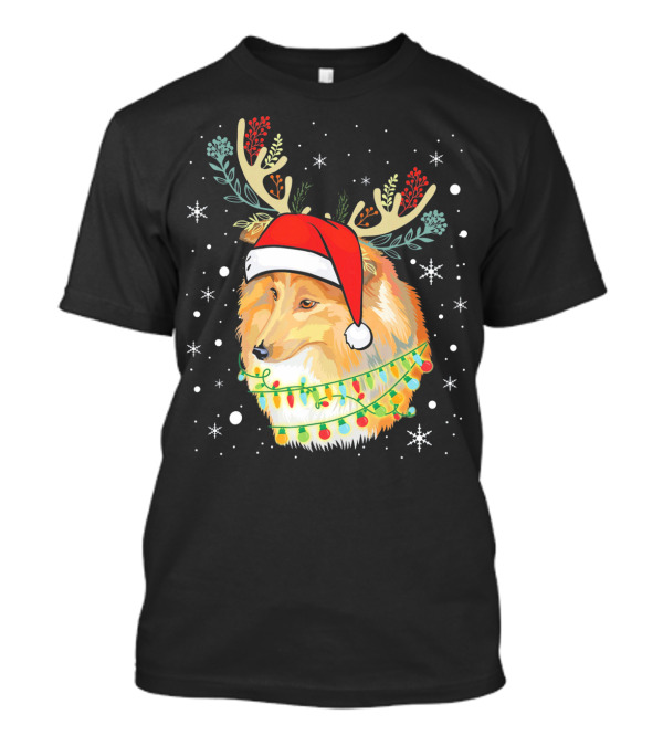Shetland Sheepdog With Antlers, Christmas Lights, And Santa Hat T-Shirt