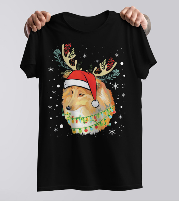 Shetland Sheepdog With Antlers, Christmas Lights, And Santa Hat T-Shirt