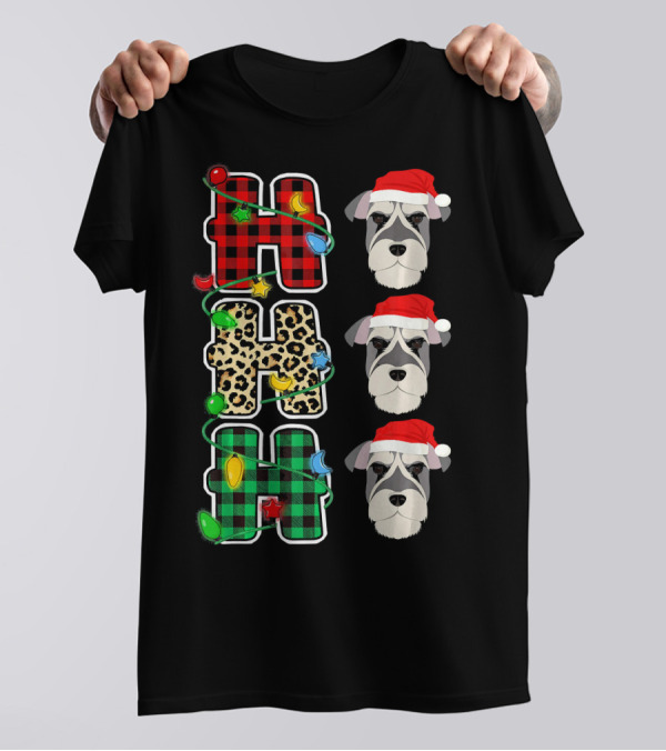 HO HO HO Santa Hat Schnauzer Leopard Christmas Lights T-Shirt