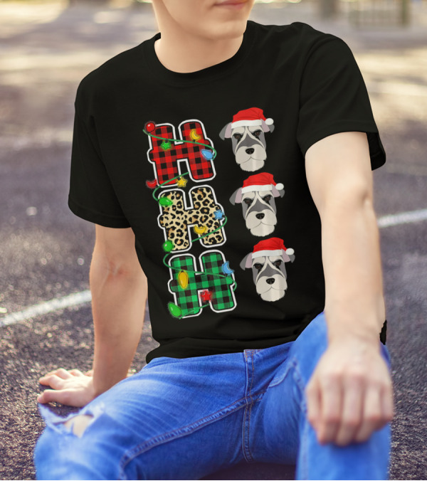 HO HO HO Santa Hat Schnauzer Leopard Christmas Lights T-Shirt