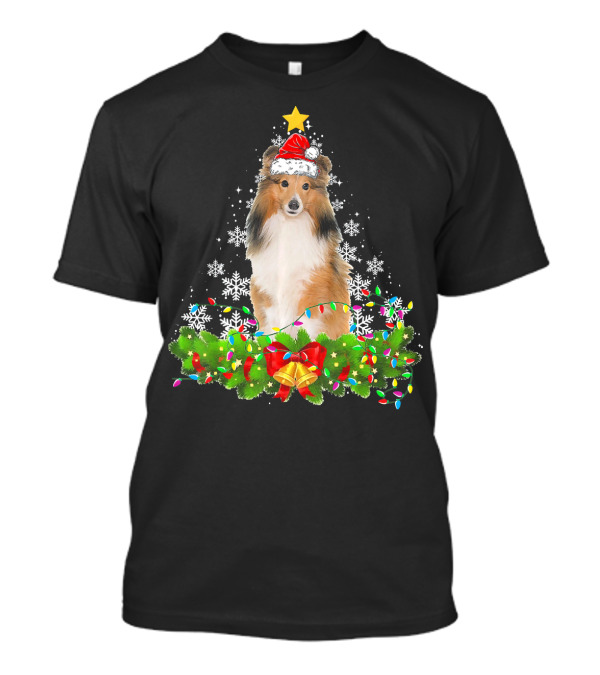 Christmas Lights Shetland Sheepdog Santa Hat Snowflakes Garland T-Shirt