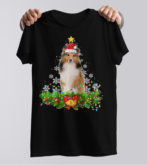 Christmas Lights Shetland Sheepdog Santa Hat Snowflakes Garland T-Shirt