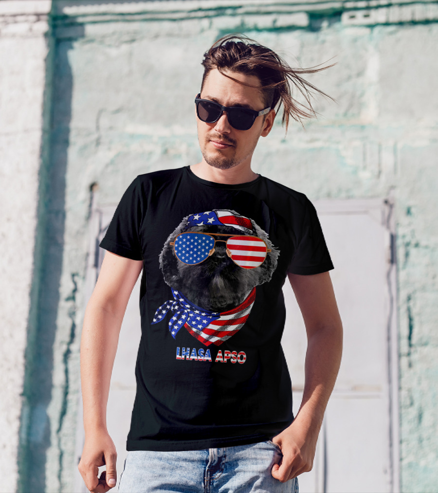Lhasa Apso With American Flag Bandana And Sunglasses T-Shirt