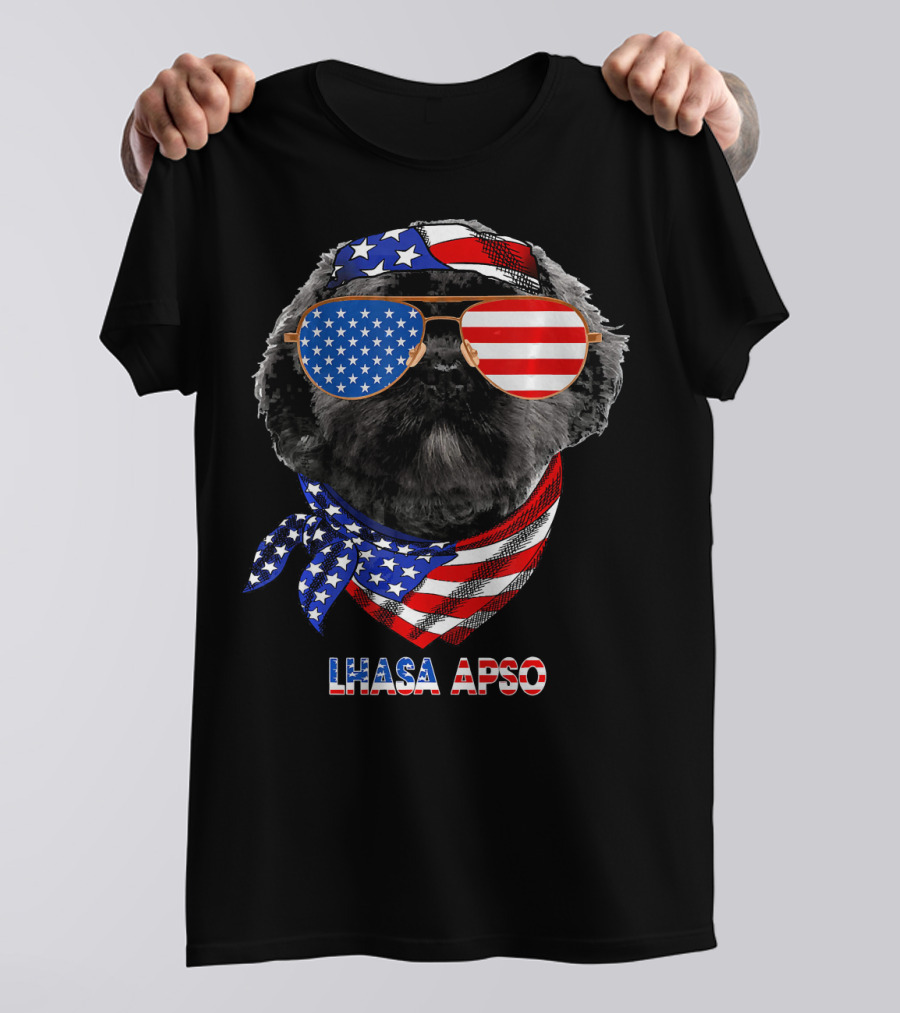 Lhasa Apso With American Flag Bandana And Sunglasses T-Shirt