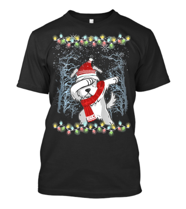 Funny Christmas Dabbing Schnauzer Santa Hat Festive Lights And Trees T-Shirt