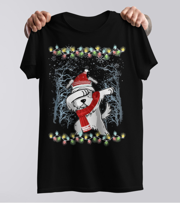 Funny Christmas Dabbing Schnauzer Santa Hat Festive Lights And Trees T-Shirt