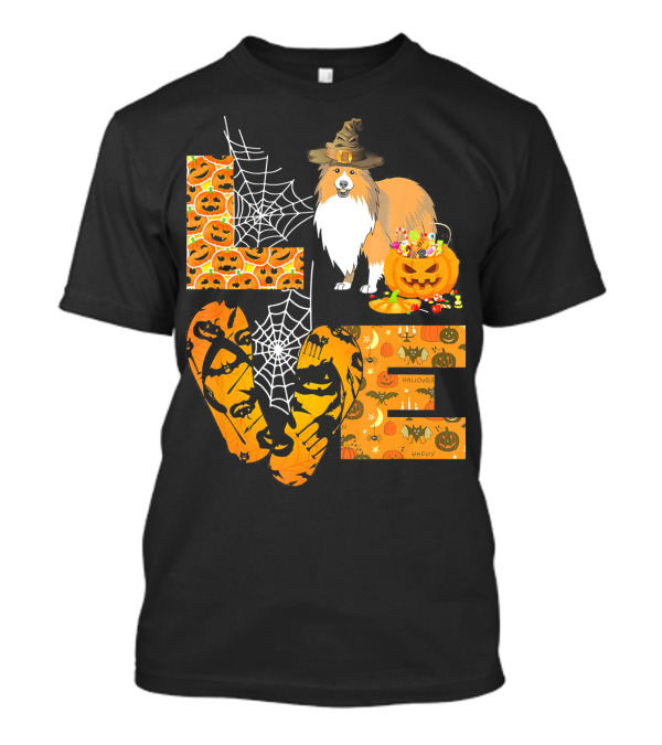 LOVE Sheltie Pumpkin Halloween Spiders And Jack-o'-Lanterns T-Shirt
