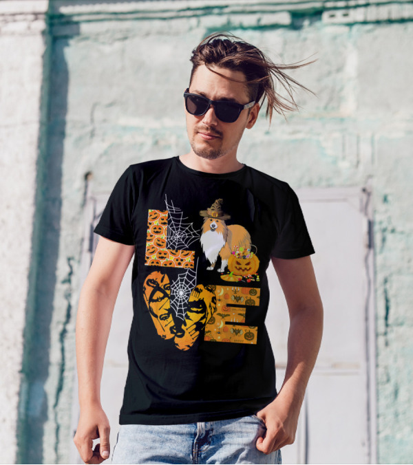 LOVE Sheltie Pumpkin Halloween Spiders And Jack-o'-Lanterns T-Shirt