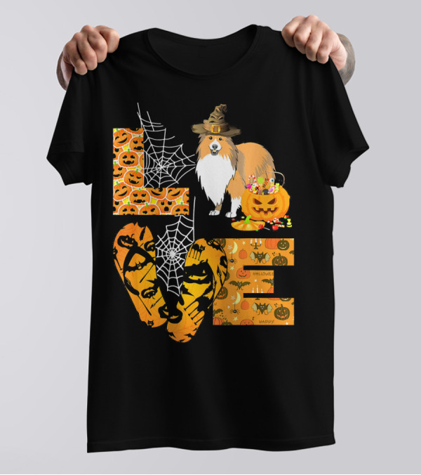 LOVE Sheltie Pumpkin Halloween Spiders And Jack-o'-Lanterns T-Shirt