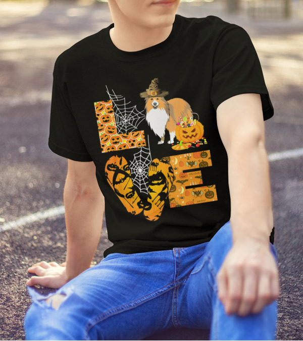 LOVE Sheltie Pumpkin Halloween Spiders And Jack-o'-Lanterns T-Shirt