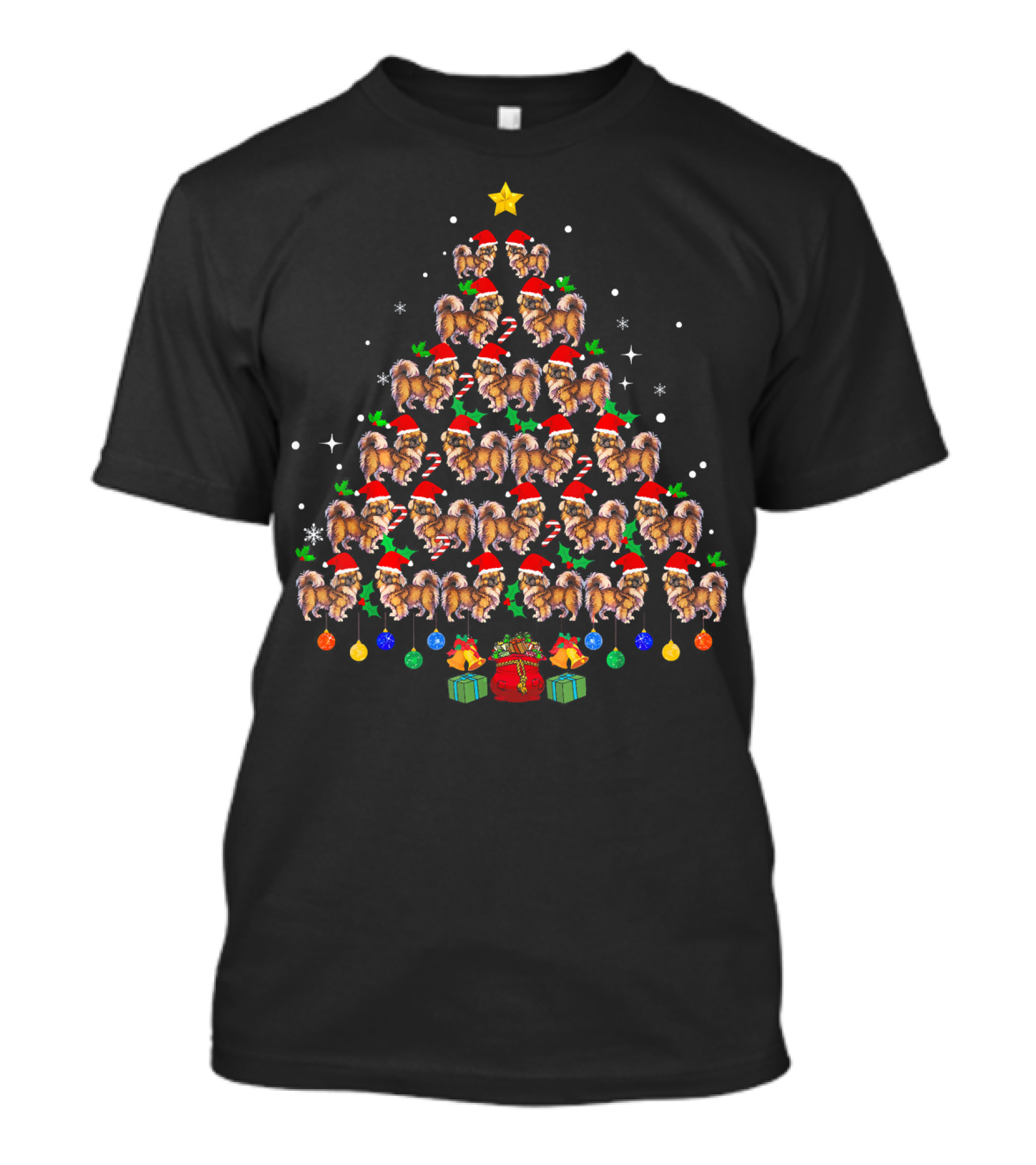 Funny Pekingese Dog Christmas Tree Santa Hats And Gifts T-Shirt