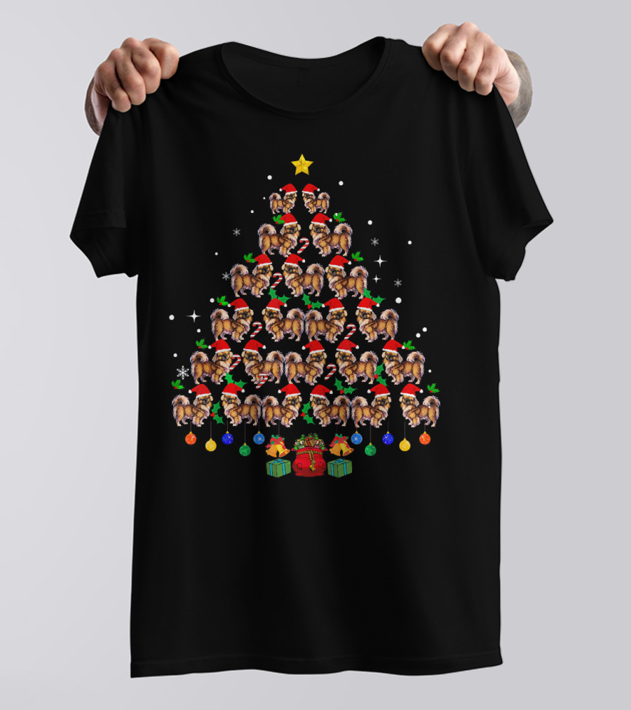 Funny Pekingese Dog Christmas Tree Santa Hats And Gifts T-Shirt