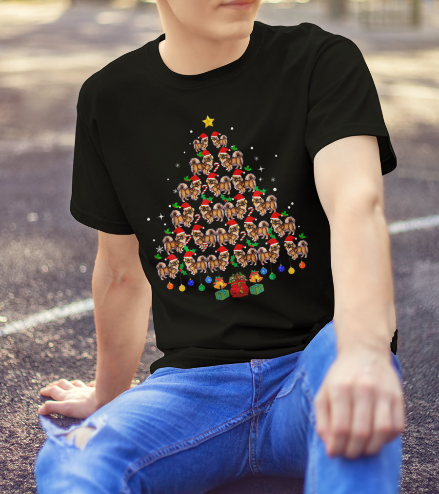 Funny Pekingese Dog Christmas Tree Santa Hats And Gifts T-Shirt