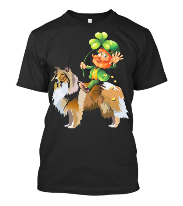 Leprechaun Waving From Atop Shetland Sheepdog With Shamrock And Gold Coins T-Shirt