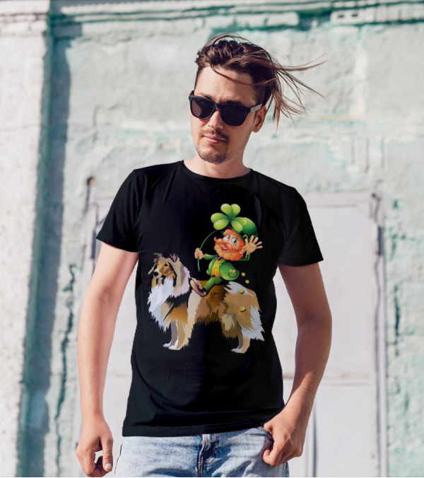 Leprechaun Waving From Atop Shetland Sheepdog With Shamrock And Gold Coins T-Shirt