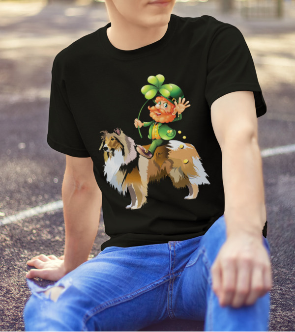 Leprechaun Waving From Atop Shetland Sheepdog With Shamrock And Gold Coins T-Shirt