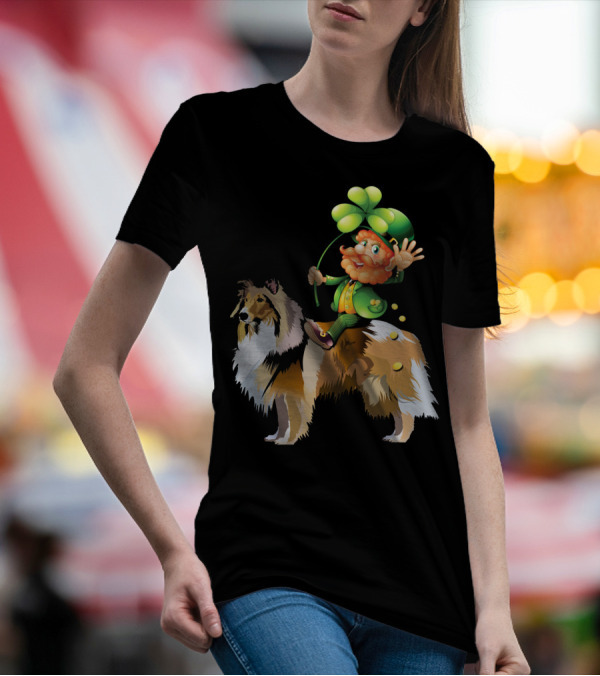 Leprechaun Waving From Atop Shetland Sheepdog With Shamrock And Gold Coins T-Shirt