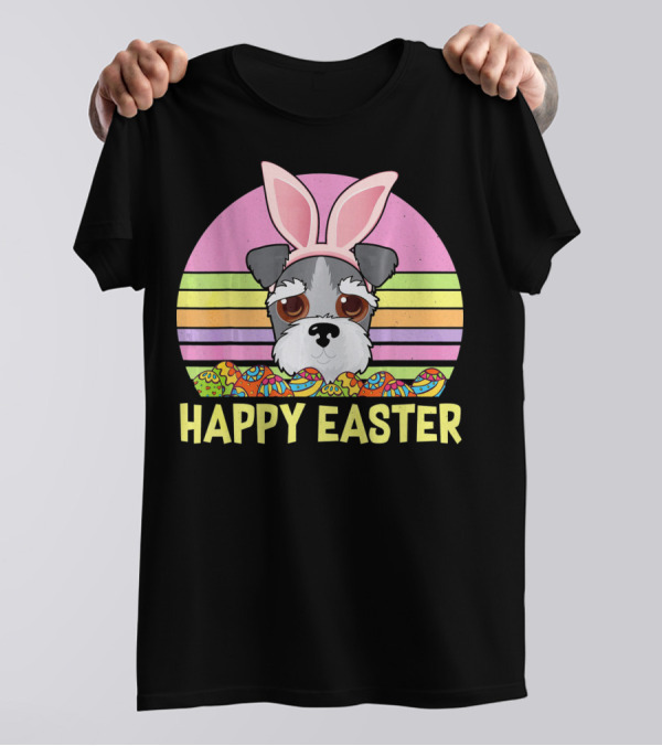 Happy Easter Schnauzer Dog Bunny Ears And Eggs T-Shirt
