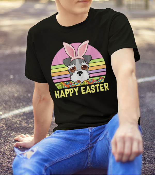 Happy Easter Schnauzer Dog Bunny Ears And Eggs T-Shirt