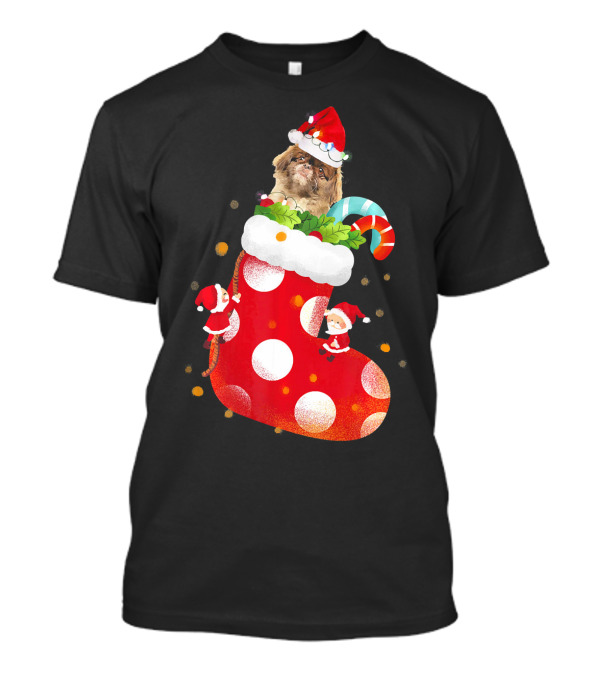 Pekingese In Christmas Stocking With Santa Hat And Candy Cane T-Shirt