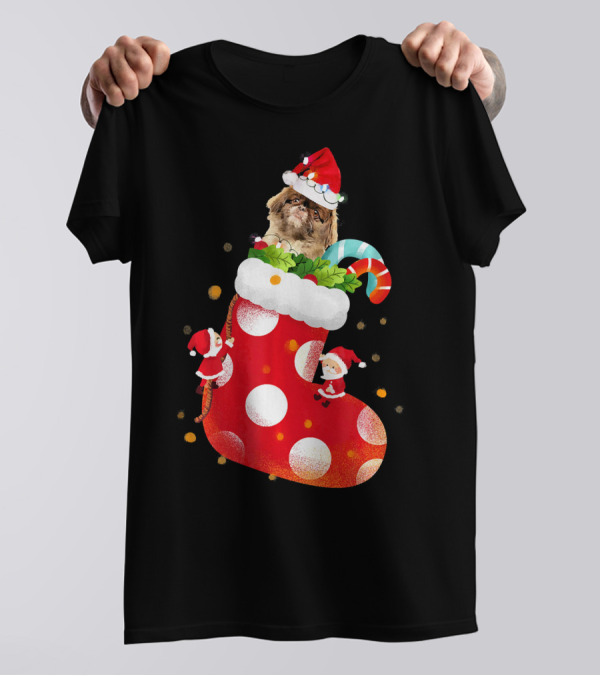 Pekingese In Christmas Stocking With Santa Hat And Candy Cane T-Shirt