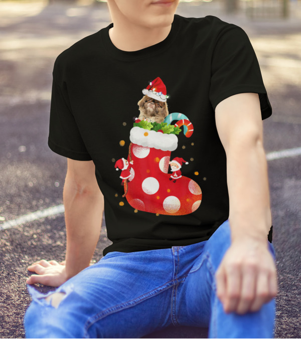 Pekingese In Christmas Stocking With Santa Hat And Candy Cane T-Shirt