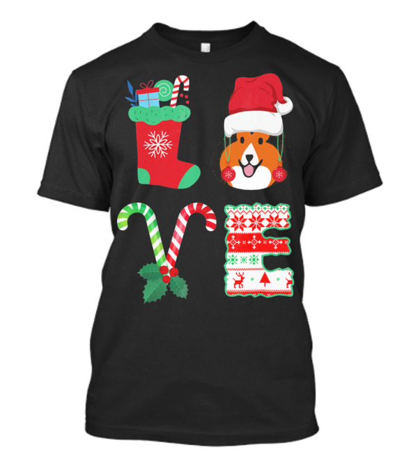 LOVE Christmas Shetland Sheepdog Santa Hat Candy Canes Stocking Letter T-Shirt