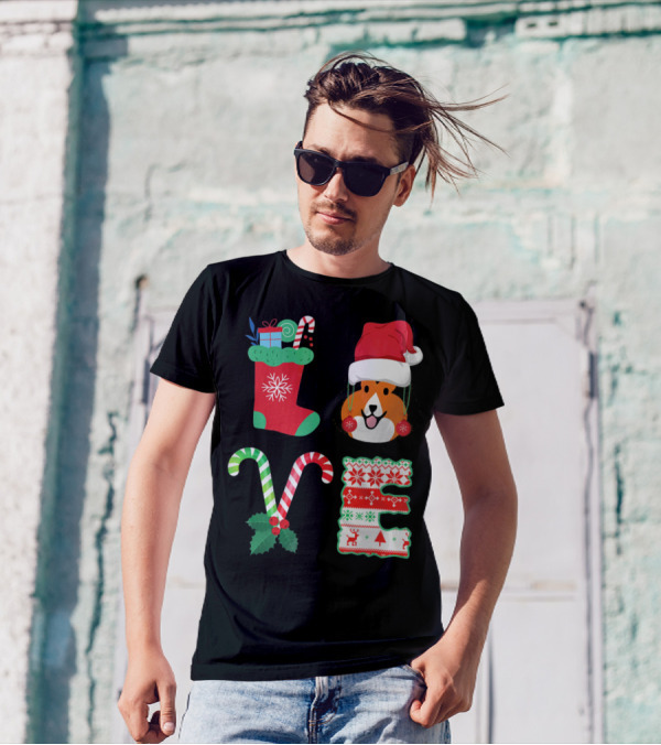 LOVE Christmas Shetland Sheepdog Santa Hat Candy Canes Stocking Letter T-Shirt
