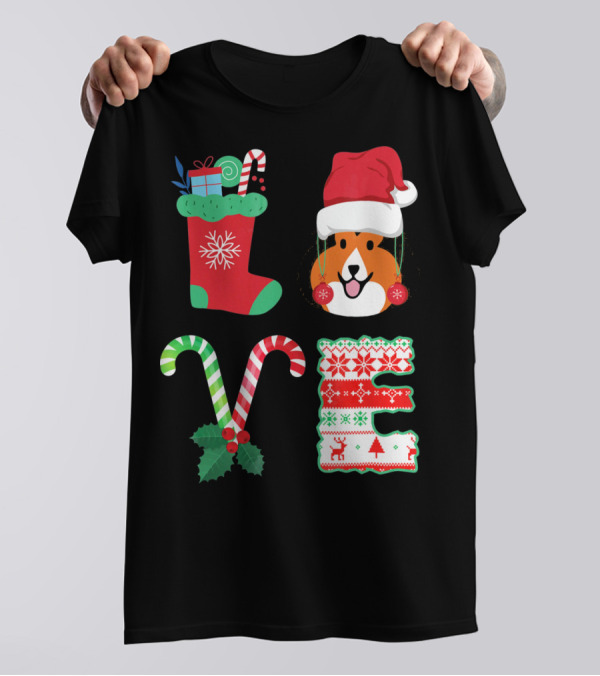 LOVE Christmas Shetland Sheepdog Santa Hat Candy Canes Stocking Letter T-Shirt