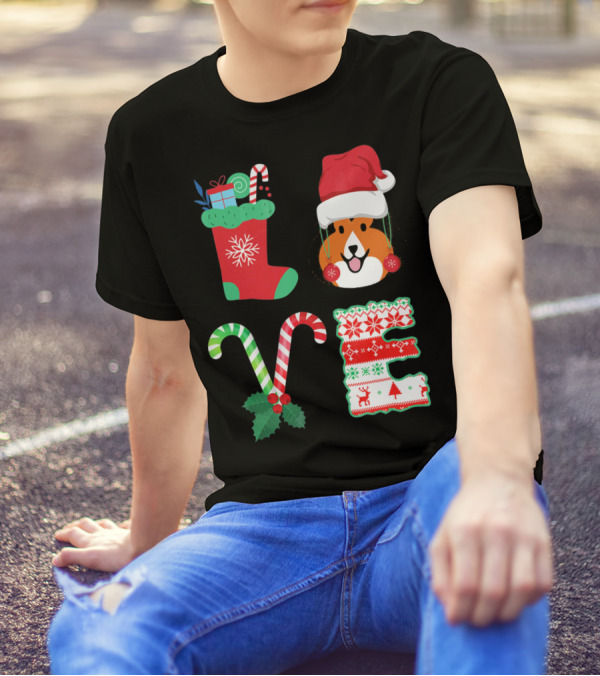 LOVE Christmas Shetland Sheepdog Santa Hat Candy Canes Stocking Letter T-Shirt