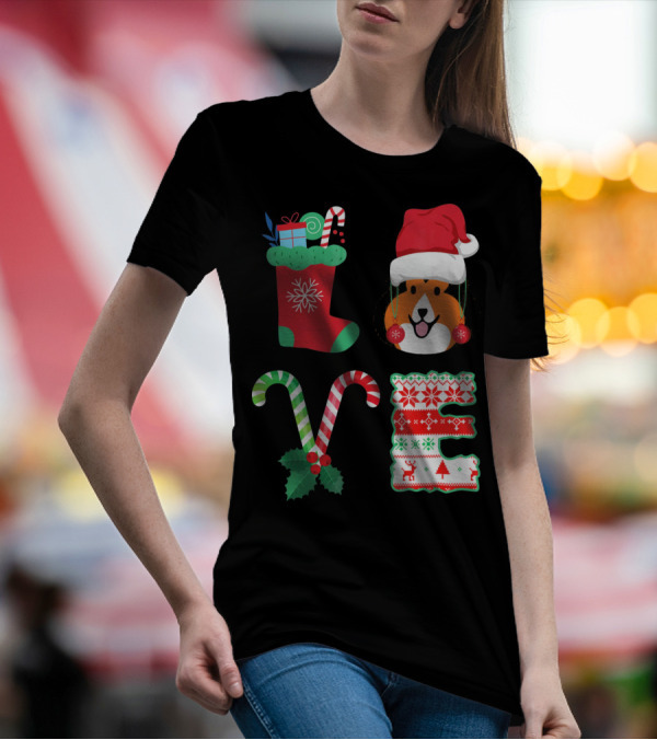 LOVE Christmas Shetland Sheepdog Santa Hat Candy Canes Stocking Letter T-Shirt