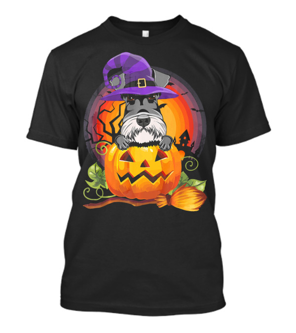 Giant Schnauzer In Witch Hat Halloween Pumpkin Scene T-Shirt