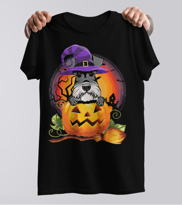 Giant Schnauzer In Witch Hat Halloween Pumpkin Scene T-Shirt