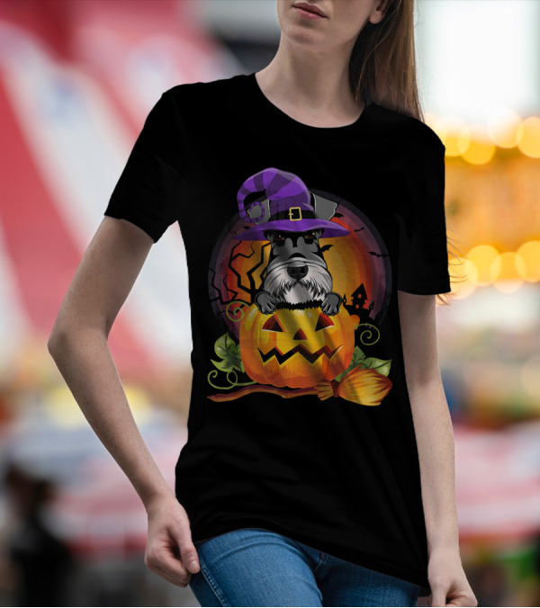 Giant Schnauzer In Witch Hat Halloween Pumpkin Scene T-Shirt