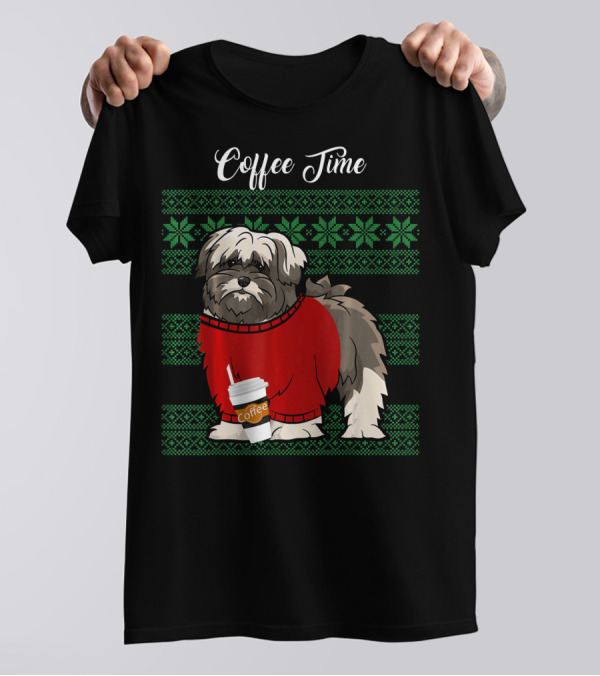 Lhasa Apso Christmas Coffee Time In Red Sweater With Green Snowflake T-Shirt