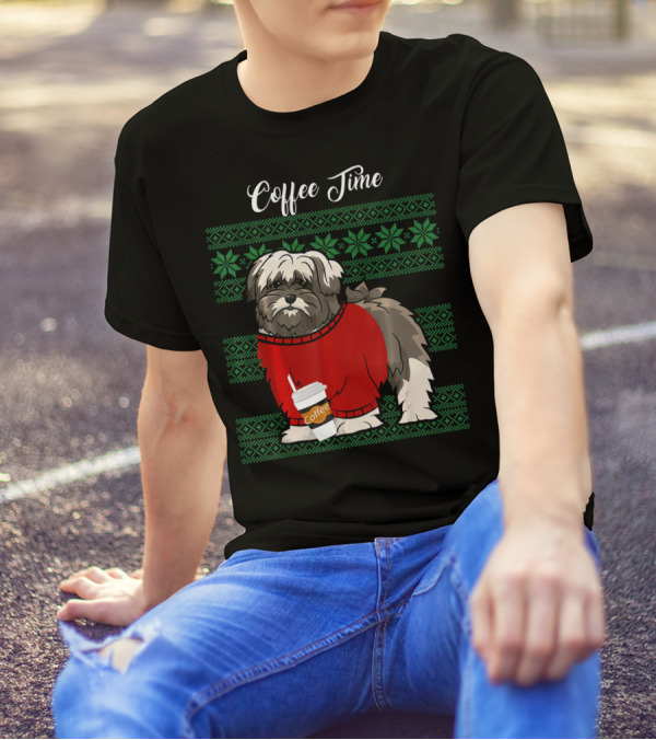 Lhasa Apso Christmas Coffee Time In Red Sweater With Green Snowflake T-Shirt
