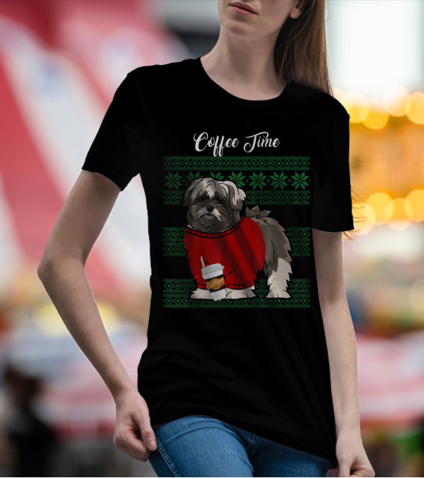 Lhasa Apso Christmas Coffee Time In Red Sweater With Green Snowflake T-Shirt