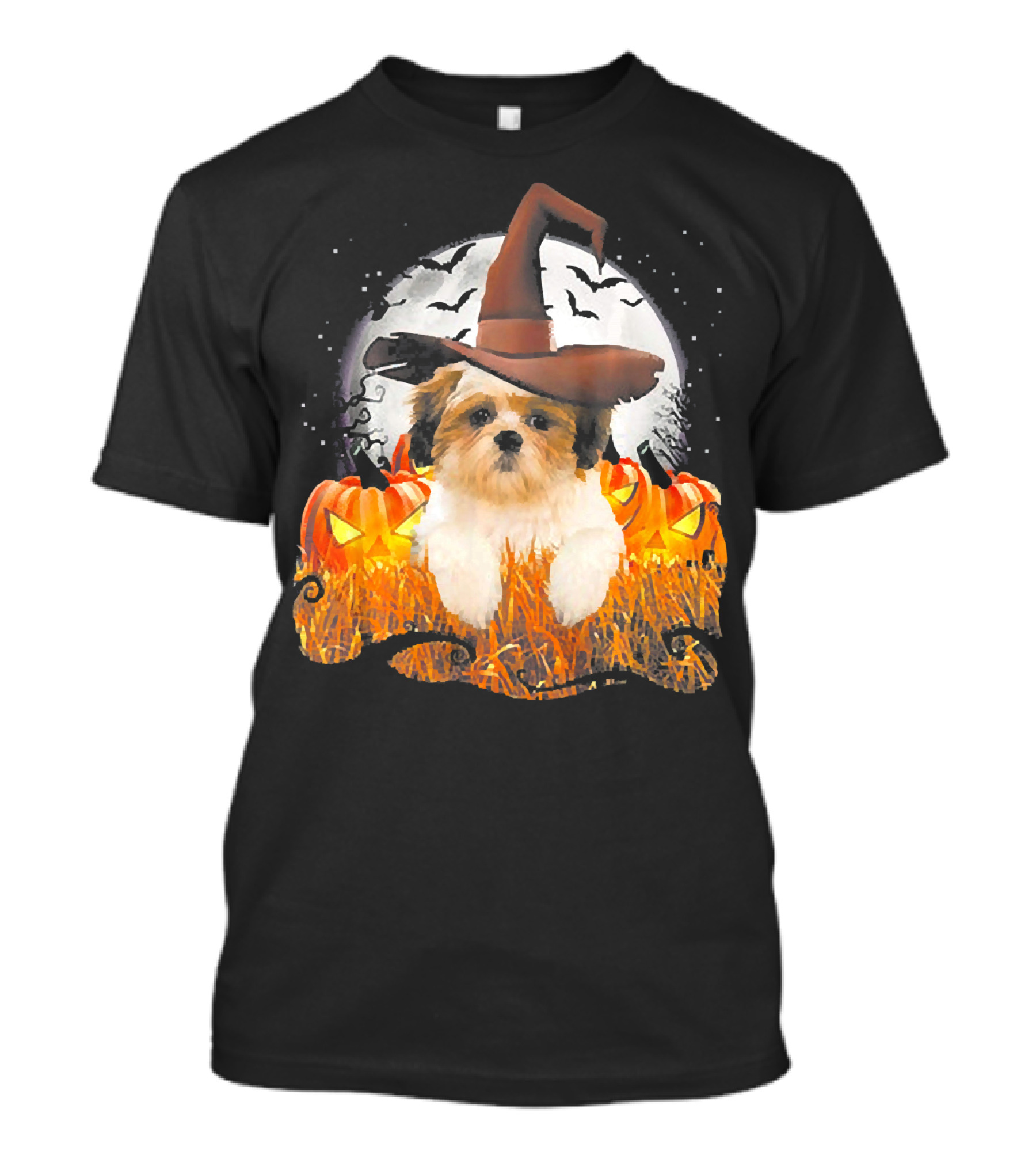 Lhasa Apso Halloween Cute Dog Witch With Pumpkins And Full Moon T-Shirt