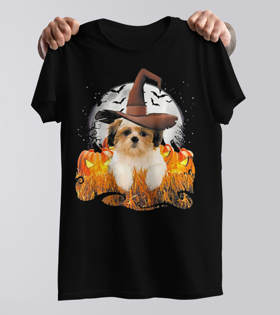 Lhasa Apso Halloween Cute Dog Witch With Pumpkins And Full Moon T-Shirt