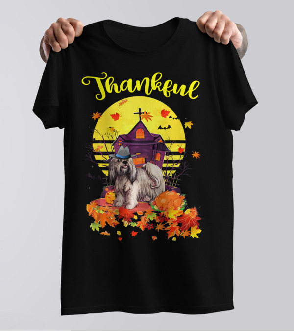 Thankful Lhasa Apso Dog In Pilgrim Hat With Thanksgiving Autumn Leaves And Haunted House T-Shirt