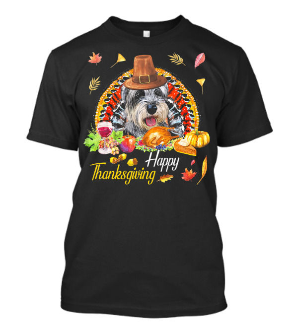 Happy Thanksgiving Schnauzer Dog With Pilgrim Hat And Turkey Feast T-Shirt