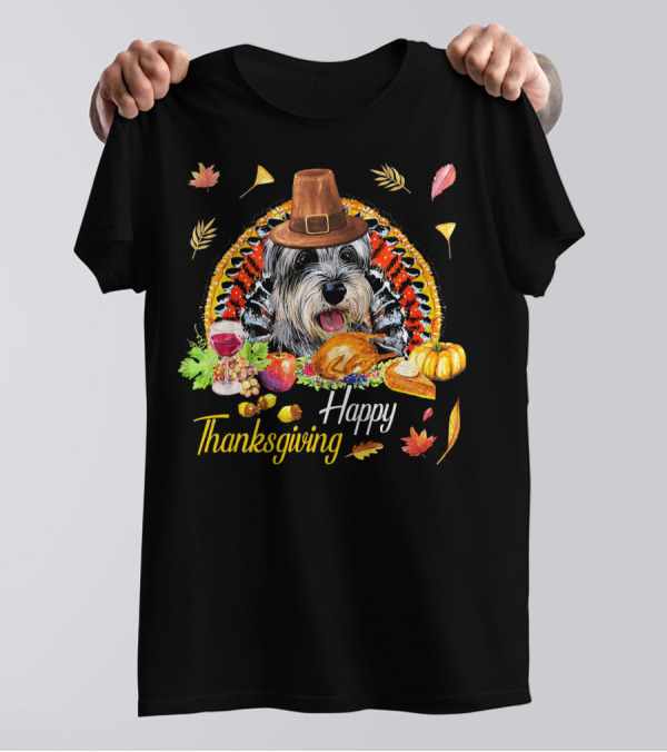 Happy Thanksgiving Schnauzer Dog With Pilgrim Hat And Turkey Feast T-Shirt