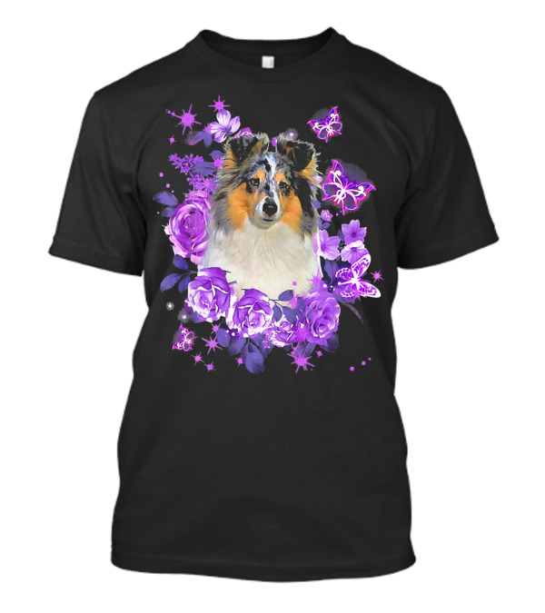 Cute Sheltie Surrounded By Purple Flowers And Butterflies For Women Lovers T-Shirt